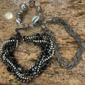 Elegant Silver and Black Beaded Necklaces and Bracelet Set